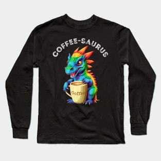 Cute Rainbow Dinosaur T-Rex - Coffee-saurus - Kawaii Anime Dino & Coffee Lover Long Sleeve T-Shirt